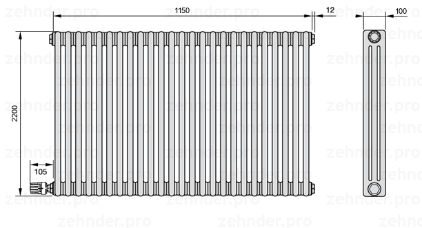 Схема (чертеж) Радиатор Zehnder Charleston 3220/25 №V004 Белый глянцевый RAL 9016
